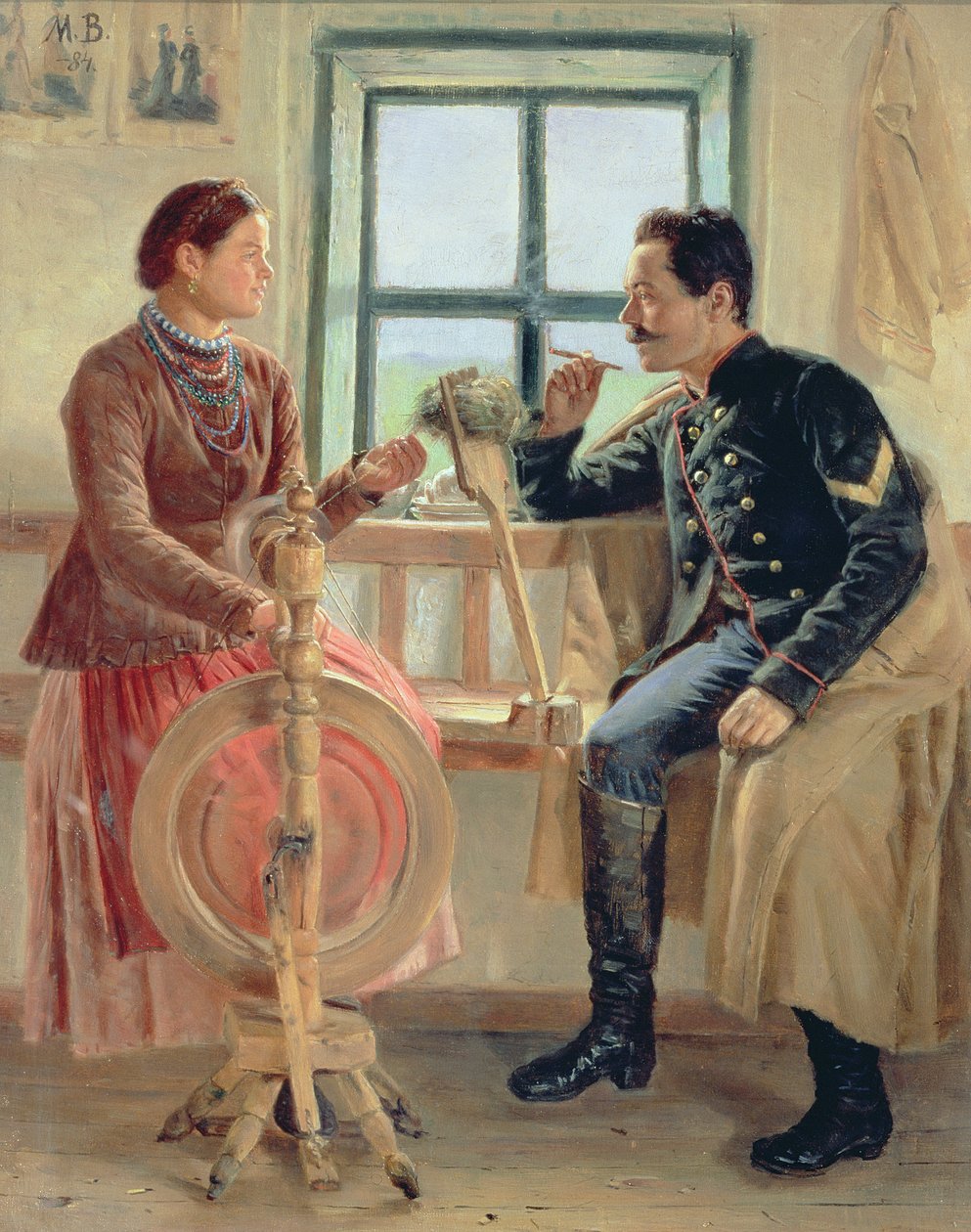 Conversa na roda de fiar, 1884 de Vasilev Mikhail Nikolaevich