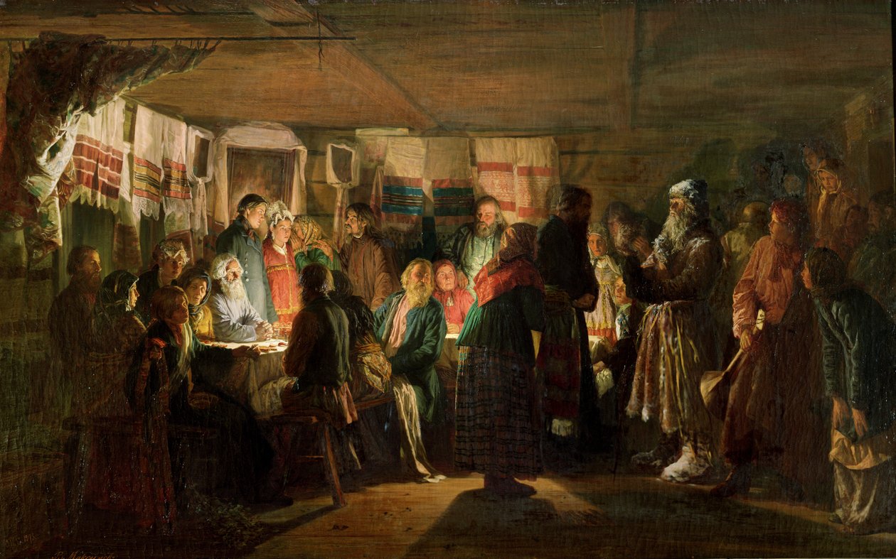 A visita de um feiticeiro a um casamento de camponeses, 1875 de Vasili Maksimovich Maksimov