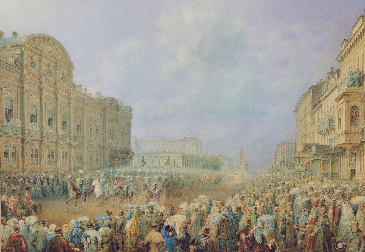 Revisão militar na avenida Nevsky, no Palácio Beloselsky-Belozersky, 1859 de Vasili Semenovich Sadovnikov