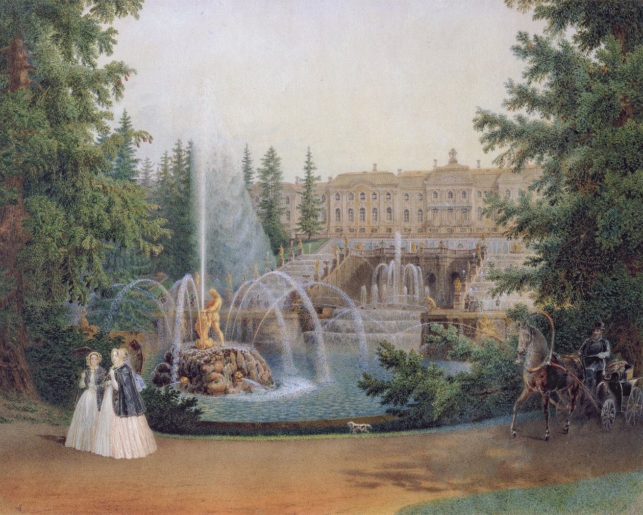 Vista da Cascata Marly do Jardim Inferior do Palácio de Peterhof, c.1830-60 de Vasili Semenovich Sadovnikov