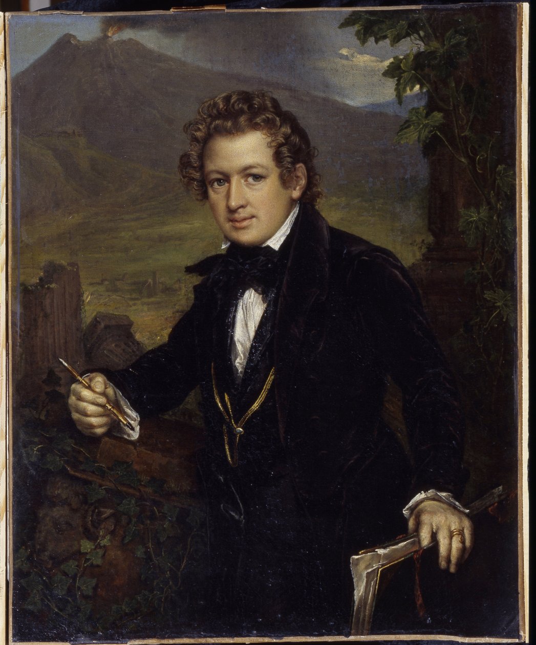 Retrato do pintor Karl Pavlovich Briullov (Briullov) (1799-1852). Retrato de O pintor K. P. Briullov). Representado em frente de um vulcão, o pintor segura um lápis mecânico e a sua prancheta de desenho. Pintura por Vasili Andreyevich Tropininin (Vasili Tr de Vasili Andreevich Tropinin