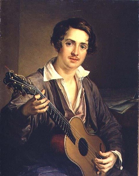 O Guitarrista: Retrato do Violonista Virtuoso Vladimir Ivanovich Morkov (1803-64) 1839 (óleo sobre tela) de Vasili Andreevich Tropinin