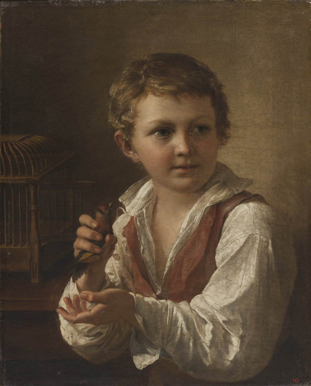Menino com um pintassilgo. de Vasili Andreyevich Tropinin