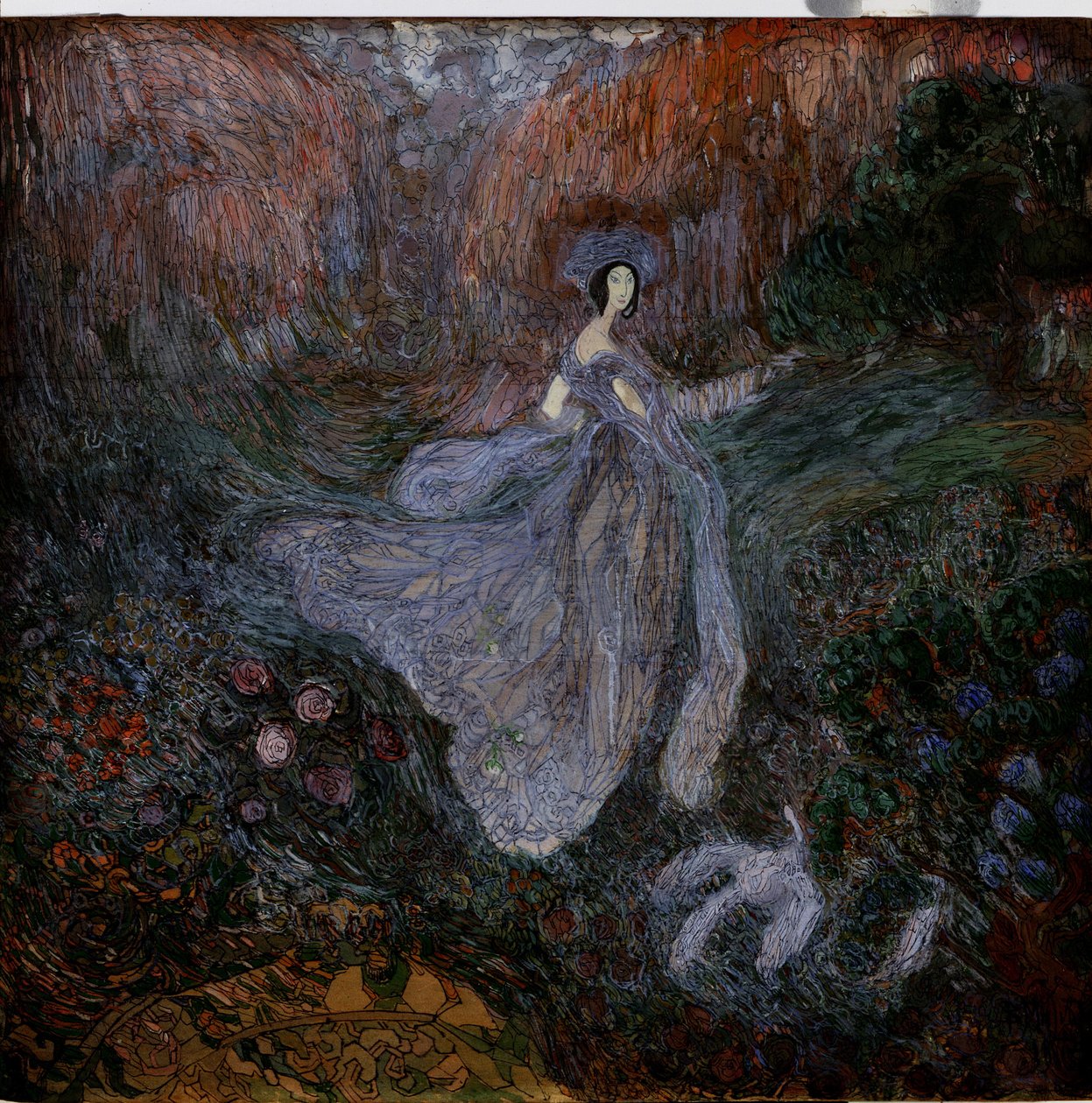 Bom dia. Uma mulher com véus caminha em direcção a um pássaro no chão num jardim de flores. Trabalho de Vasili Dmitrievich Millioti (1875-1943), aguarela, guache e tinta sobre papel de Vasili Dmitrievich Millioti