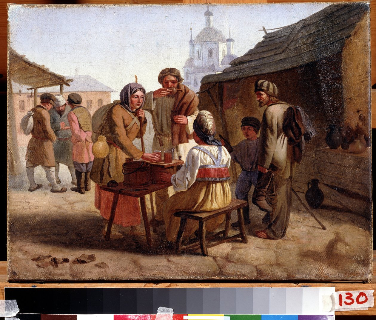 "Kwas (ou kwass) é uma bebida semelhante à cerveja popular na Rússia e na Europa de Leste. Pintura de Vasili Yefimovich (1839-?) 1862 Museu Estatal de Arte da República do Chuvash, Cheboksary de Vasili Efimovich Kallistov