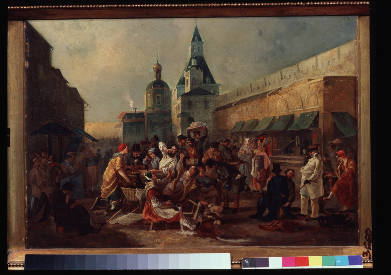 Stand de rafraichissement pres du mur chinois a Moscou (Banca de refrescos perto do muro chinês em Moscovo). Peinture de Vasili Yegorovich Astrakhov (?-apres 1867). Huile sur toile, 43 x 57,5 cm de Vasili Egorovich Astrakhov