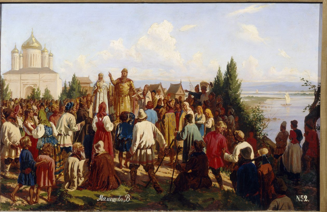 O Grande Príncipe Yaroslav I Vladimirovich (978-1054) de Novgorod e Kiev promulga o Primeiro Código de Leis Russkaya Pravda em 1019. Pintura de de Vasili Georgievich Malyschev