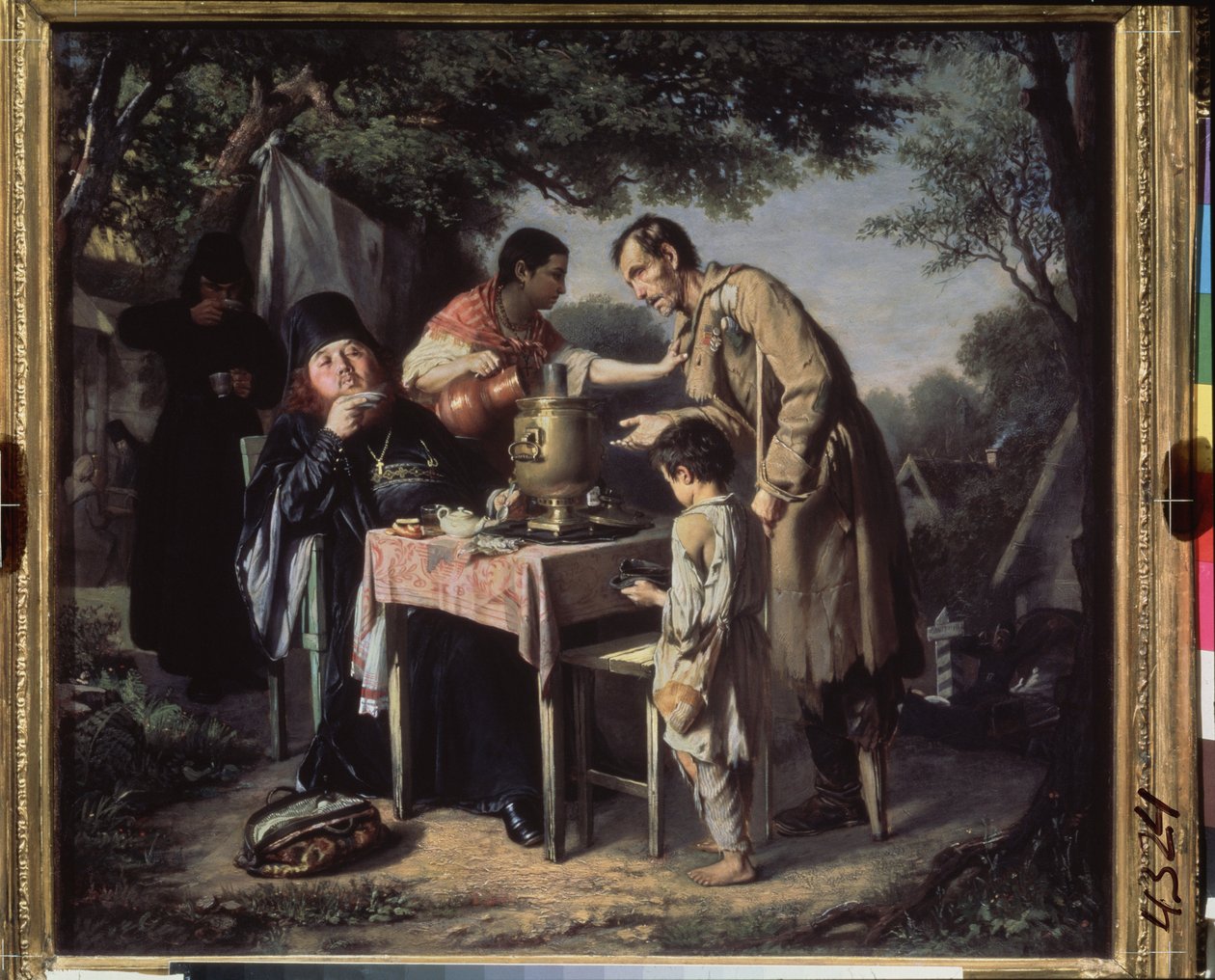 A beber chá em Mytishchi (Mytischi), perto de Moscovo (monges ortodoxos a beber chá num jardim, um aleijado e uma criança miserável a mendigar, empurrados por um criado) Pintura por Vasili (Vassili) Grigorievich Perov (1834-1882), óleo sobre tela de Vasili Grigorevich Perov