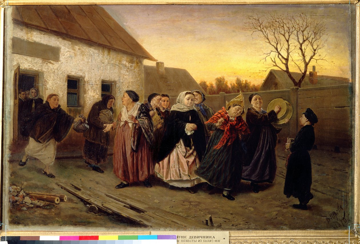 Costume russo: procissão de mulheres saindo de uma casa dançando e cantando na véspera de um casamento (Festa de Véspera de Casamento em Casa de Banho). Pintura de Vasili (Vasili) Grigoryevich Perov (1834-1882) de Vasili Grigorevich Perov