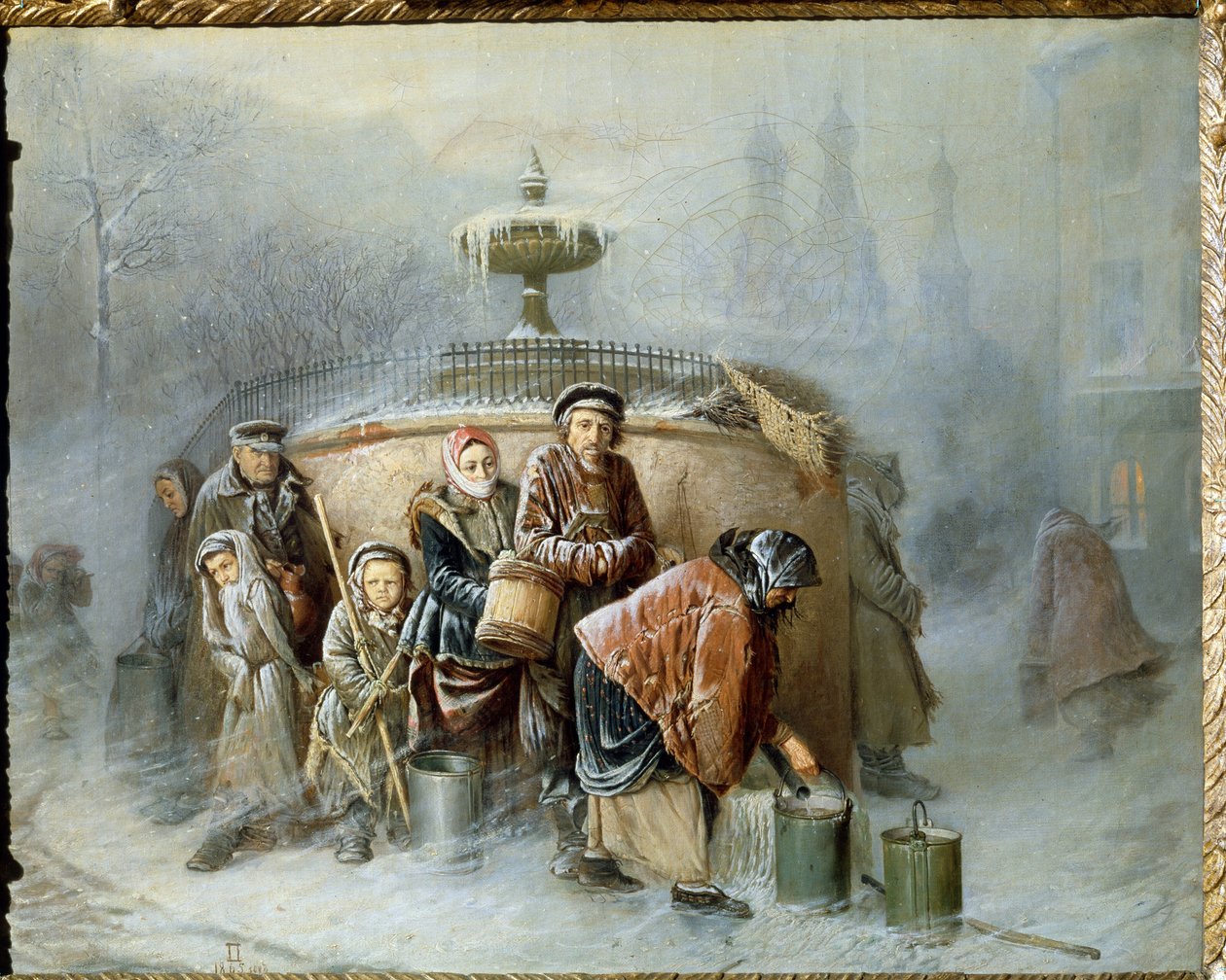 A Fila na Fonte. Em pleno Inverno, os habitantes da cidade esperam a sua vez, com o vento frio e o nevoeiro, para encher o seu balde com água potável. Pintura por Vasili (Vasili) Grigoryevich Perov (1834-1882), óleo de Vasili Grigorevich Perov