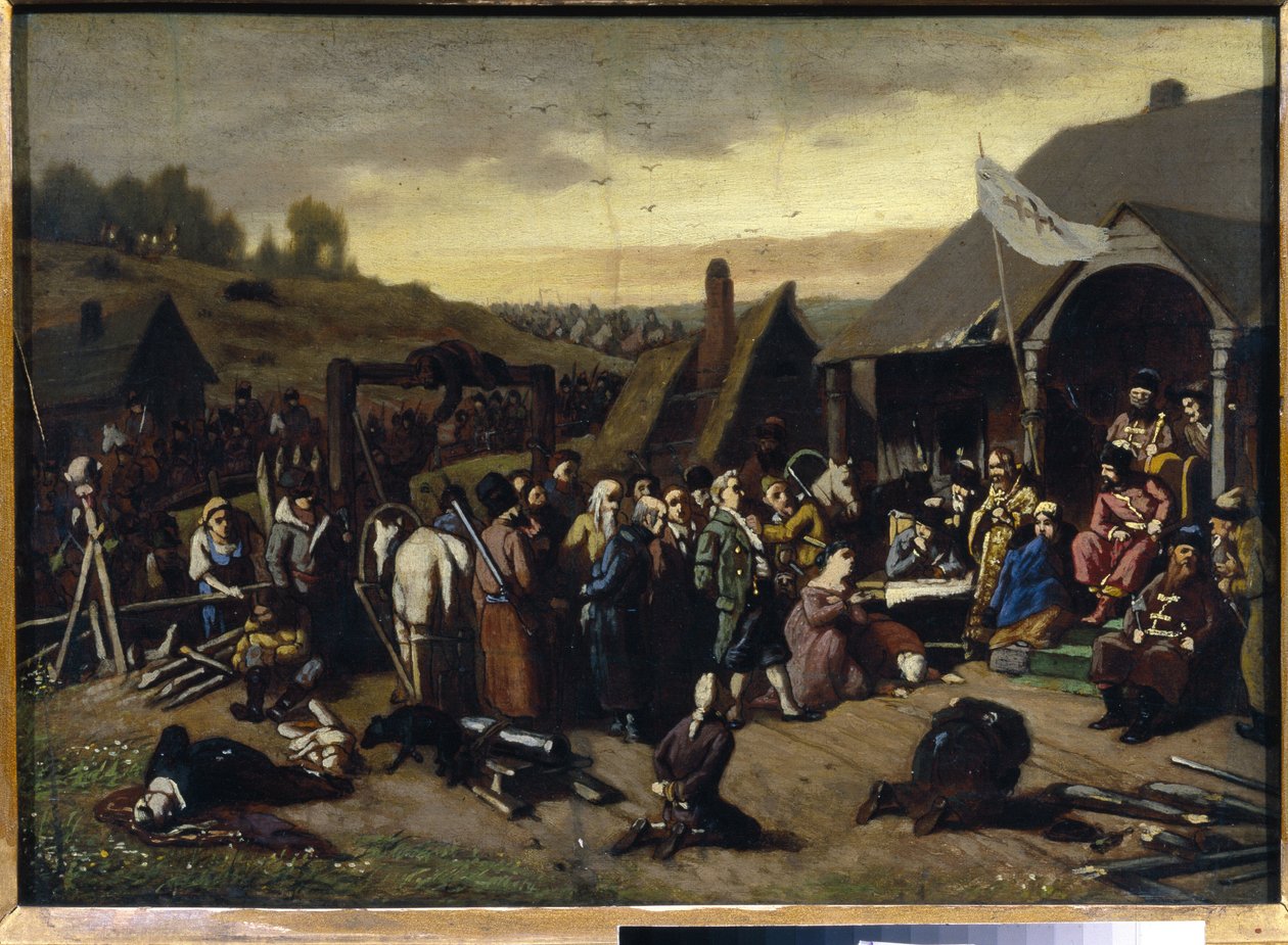 O julgamento de Emelian Ivanovich Pugachev (Iemelian ou Emilien Pougatchov) (1742-1775) (O Julgamento de Pugachev). Após a supressão da Guerra dos Camponeses Russos (1773-1775) (Jackson dos Cossacos Yaik). Pintura de Vasili (Vasili) Grigoryevi de Vasili Grigorevich Perov