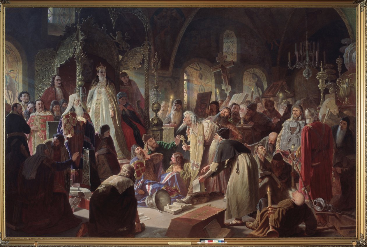 O antigo crente Nikita Pustosviat (ou Nikita Dimitriovich Dobrynin, falecido em 1683) debatendo com o Patriarca de Moscovo, Joachim (1620-1690), sobre a questão da Fé na presença da Regente Sophie Alexeievna Romanova (1657-1704) de Vasili Grigorevich Perov