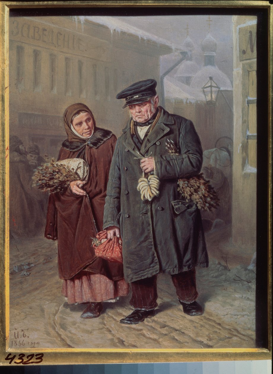 Segunda-feira da Quaresma (Casal usando plantas curativas e purificadoras para o banho de vapor, antes da semana da Páscoa) - Segunda-feira Limpa - Pintura de Vasili (Vassili) Grigorievich Perov (1834-1882), óleo sobre madeira de Vasili Grigorevich Perov