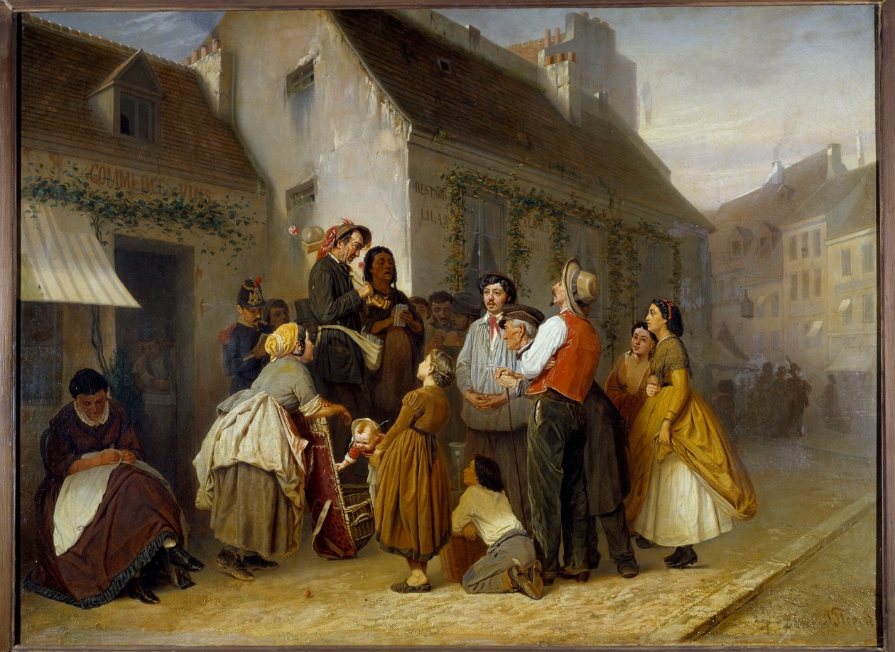 Cena de rua em Paris. Os transeuntes param diante de um casal de músicos de rua: o homem toca o ehru (instrumento com duas cordas esfregado por um arco) e sua esposa canta. Pintura de Vasili (Vasili) Perov (1833-1882) de Vasili Grigorevich Perov
