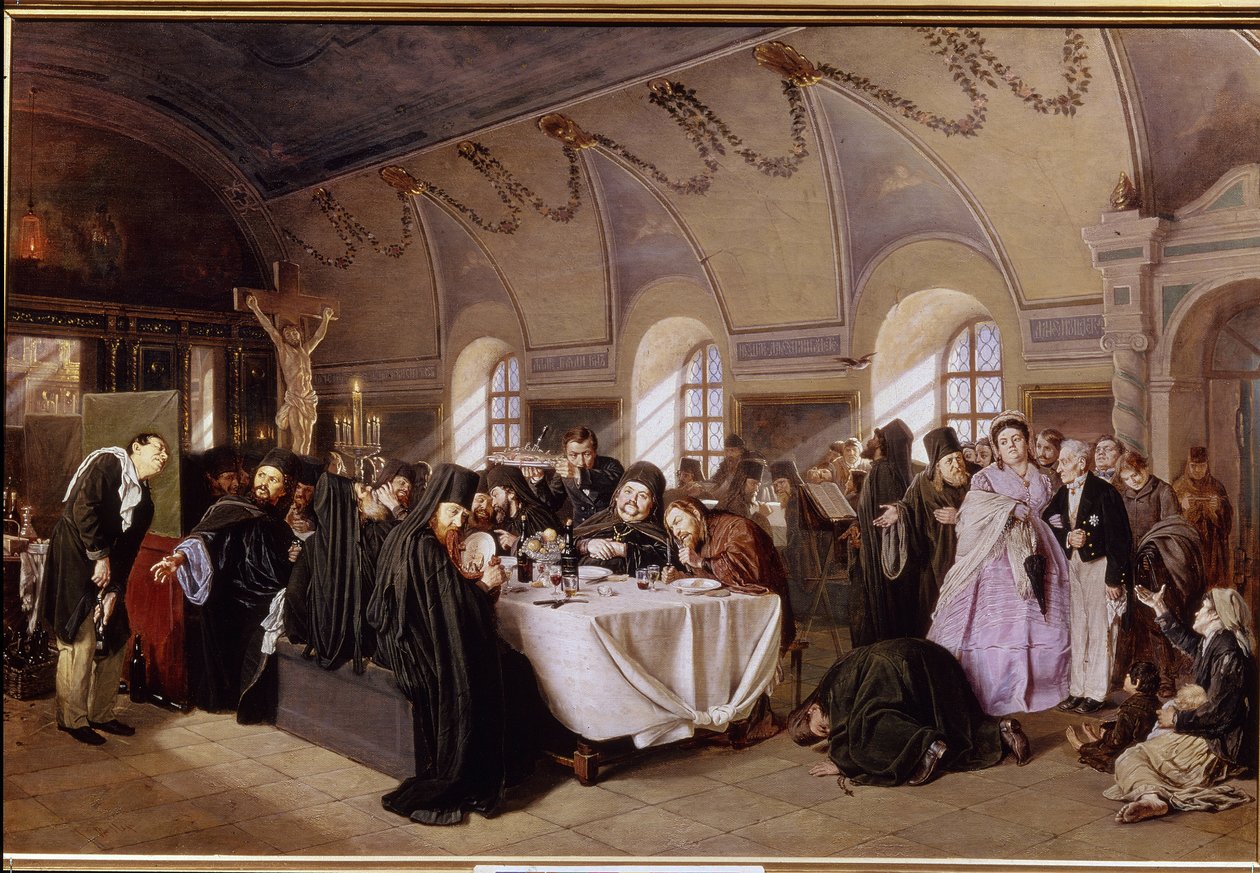 Uma refeição no Mosteiro. No rico refeitório de um mosteiro ortodoxo, os monges estão sentados e têm um almoço opulento (peixe, fruta, vinho), enquanto a Bíblia é lida. Os visitantes desdenhosos são convidados a juntarem-se a eles. de Vasili Grigorevich Perov