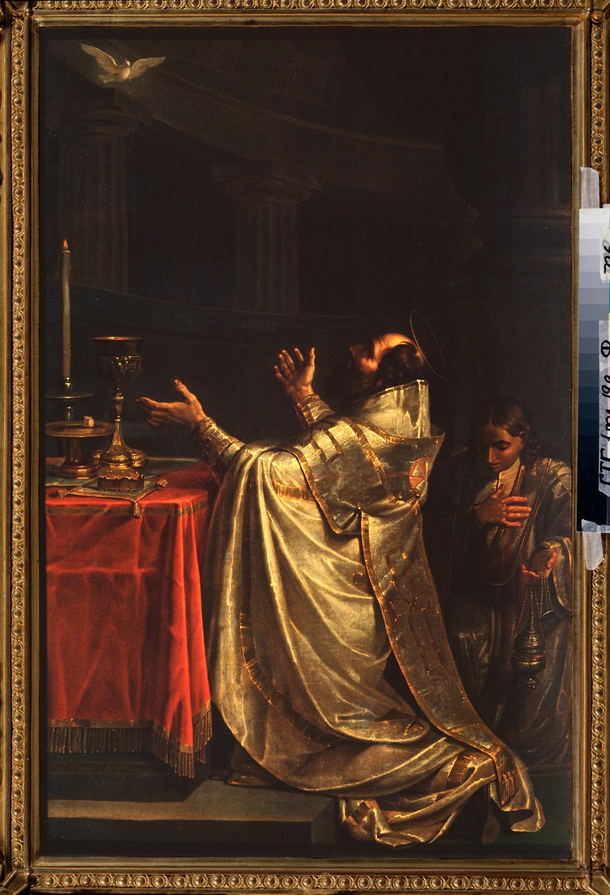 Basílico o Grande (330-379) (ou Basílico de Cesaree) prostrando-se perante a pomba do Espírito Santo - Basílico o Grande - Pintura de Vasili Kuzmich Shebuev (1777-1855), óleo sobre tela de Vasili Kuzmich Shebuev