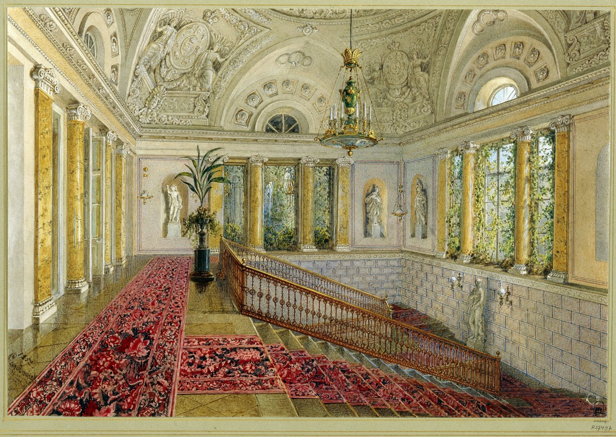 Escadaria em um palácio. Obra de Vasily Semyonovich Sadovnikov (1800-1879), aquarela sobre papel de Vasili Semenovich Sadovnikov