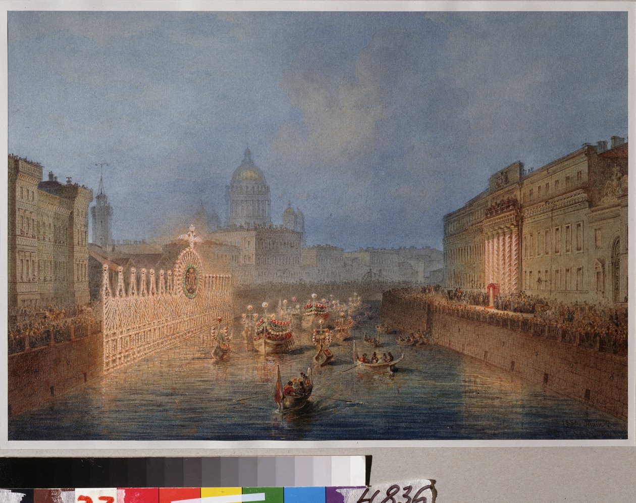 Iluminação do Rio Moika em São Petersburgo. Obra de Vassily Semyonovich Sadovnikov (1800-1879), aquarela sobre papel de Vasili Semenovich Sadovnikov
