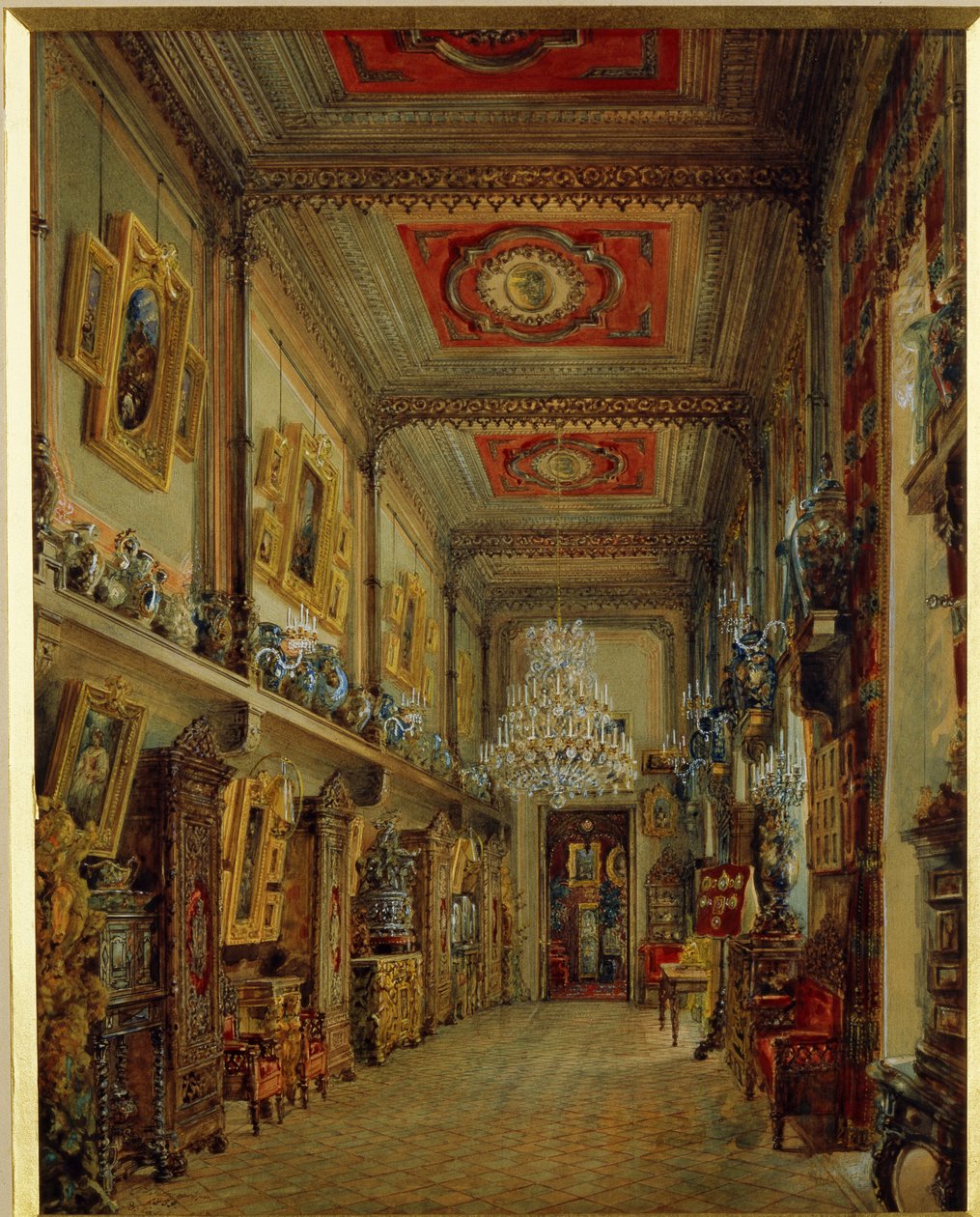 A Biblioteca no Palácio Yusupov em São Petersburgo. (A Biblioteca no Palácio Yusupov em São Petersburgo). Trabalho de Vasily Semyonovich Sadovnikov (1800-1879), aguarela sobre papel de Vasili Semenovich Sadovnikov