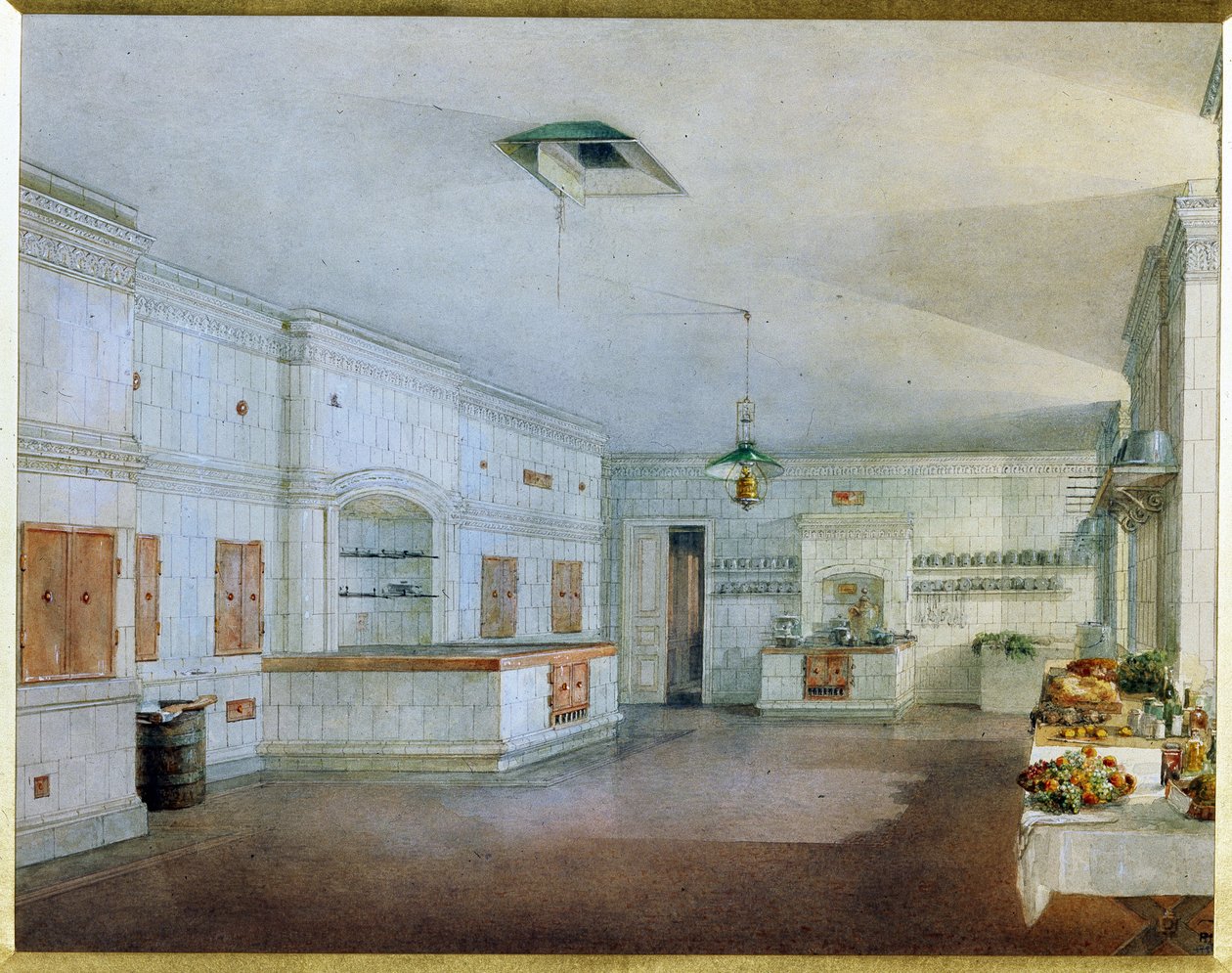 A cozinha do Palácio Yusupov (Palácio Moika) em São Petersburgo. (A Cozinha no Palácio Yusupov em São Petersburgo). Obra de Vasily Semyonovich Sadovnikov (1800-1879), aquarela sobre papel. Arte russa do século XIX. Museu Estatal Russo, Saint Pe de Vasili Semenovich Sadovnikov