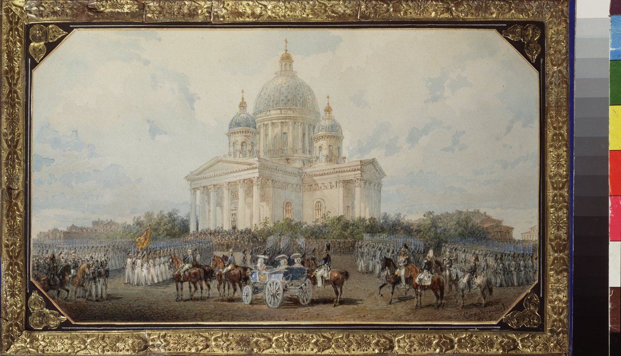 O desfile em frente à Catedral de Santo Isaac em São Petersburgo. Obra de Vasily Semyonovich Sadovnikov (1800-1879), aquarela sobre papel de Vasili Semenovich Sadovnikov