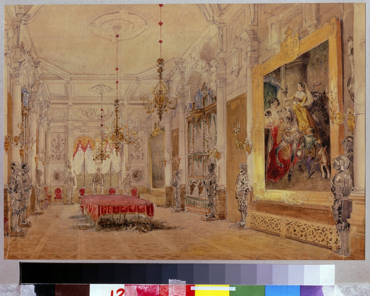 A sala de jantar na Manor House Verki. Obra de Vasily Semyonovich Sadovnikov (18000-1879), aquarela sobre tela de Vasili Semenovich Sadovnikov