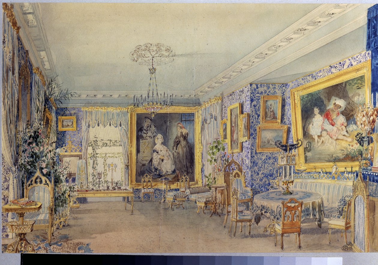 A sala de estar na Manor House Verki. Obra de Vasily Semyonovich Sadovnikov (1800-1879), aquarela sobre papel de Vasili Semenovich Sadovnikov
