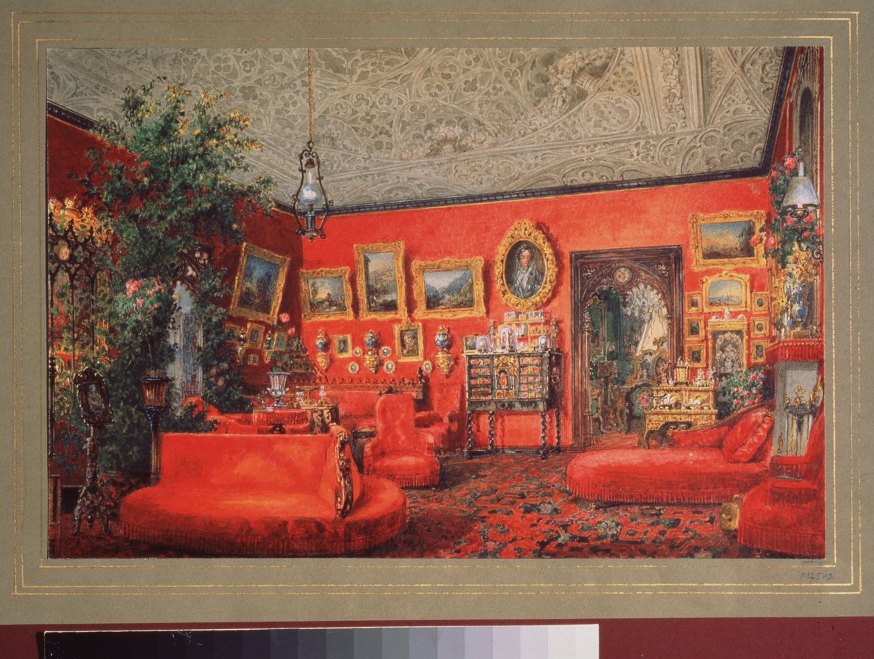 O Salão Vermelho no Palácio Yusupov em São Petersburgo. Trabalho de Vasily Semyonovich Sadovnikov (1800-1879), aguarela sobre papel. Arte russa de Vasili Semenovich Sadovnikov