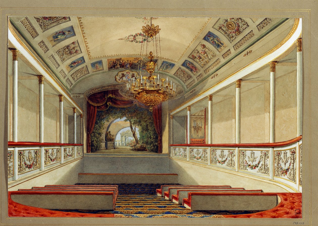 A sala de teatro do Palácio Yusupov (Palácio Moika), em São Petersburgo. (O Home theater no Palácio Yusupov em São Petersburgo). Obra de Vasily Semyonovich Sadovnikov (1800-1879), aquarela sobre papel. Arte russa do século XIX. Estado Rússia Mus de Vasili Semenovich Sadovnikov