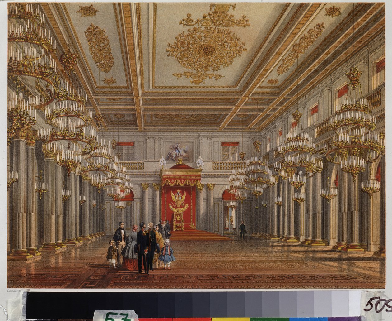 A Sala do Trono (Sala de São Jorge) do Palácio de Inverno em São Petersburgo. Trabalho de Vasily Semyonovich Sadovnikov (1800-1879), aguarela sobre papel. Arte russa do século XIX. A. Museu Memorial Pushkin, São Petersburgo. de Vasili Semenovich Sadovnikov