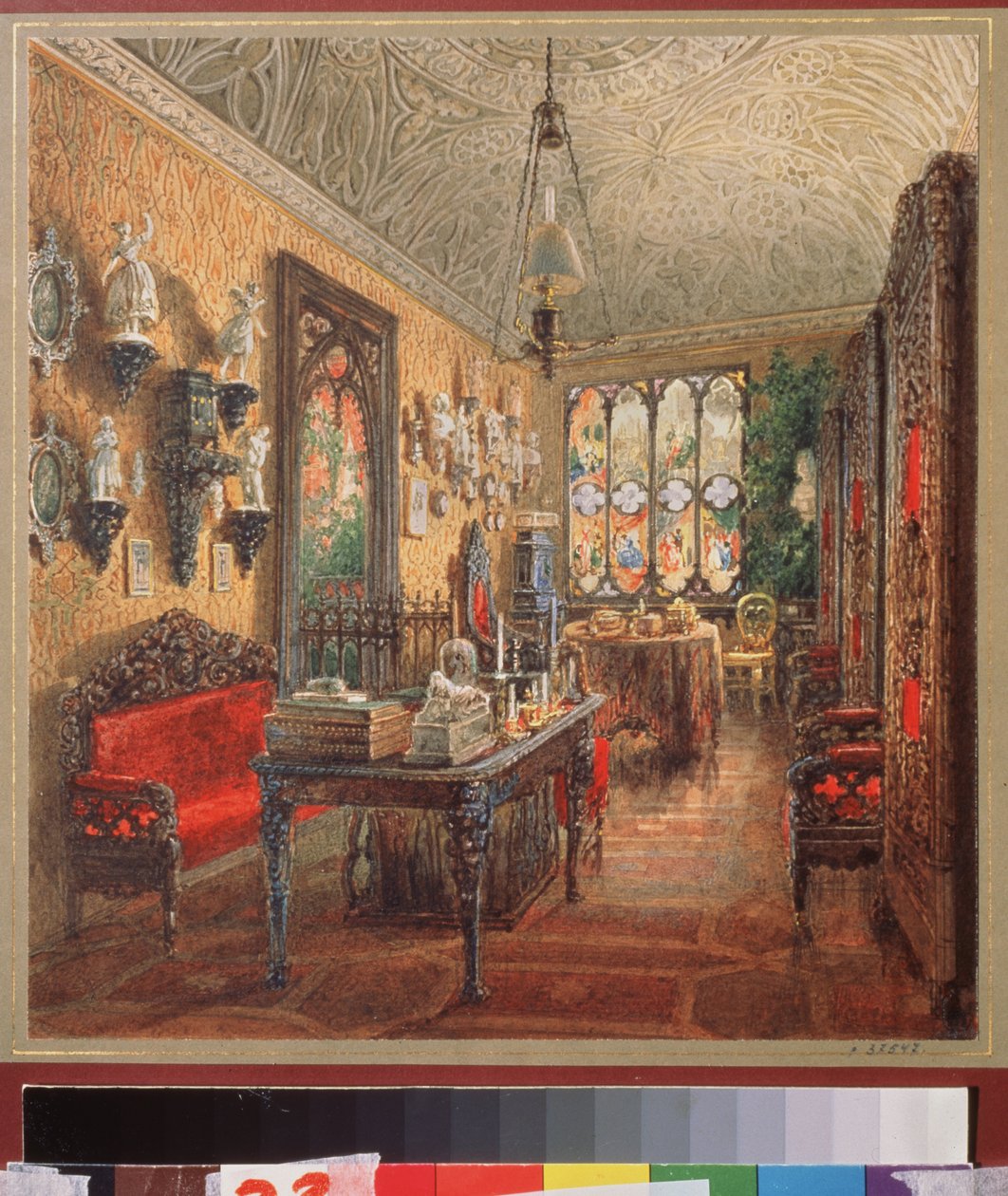 O escritório no Palácio Yusupov (Palácio Moika) em São Petersburgo. Obra de Vasily Semyonovich Sadovnikov (1800-1879), aguarela sobre papel, arte russa de Vasili Semenovich Sadovnikov