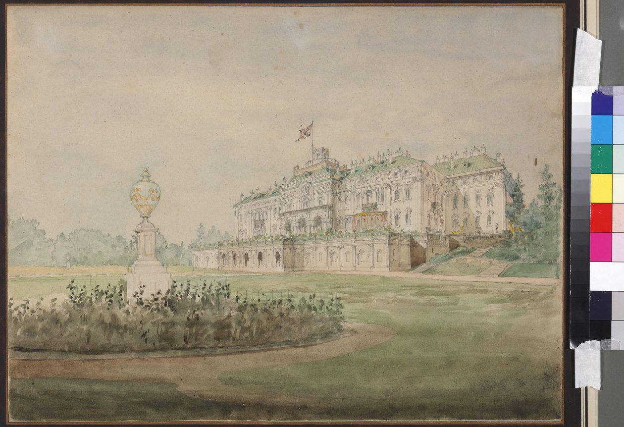 Le palais Constantin a Strelna, pres de Saint Petersbourg - Vista do Palácio Constantino em Strelna, perto de São Petersburgo, por Sadovnikov, Vasily Semyonovich (1800-1879). Aquarela sobre papel de Vasili Semenovich Sadovnikov