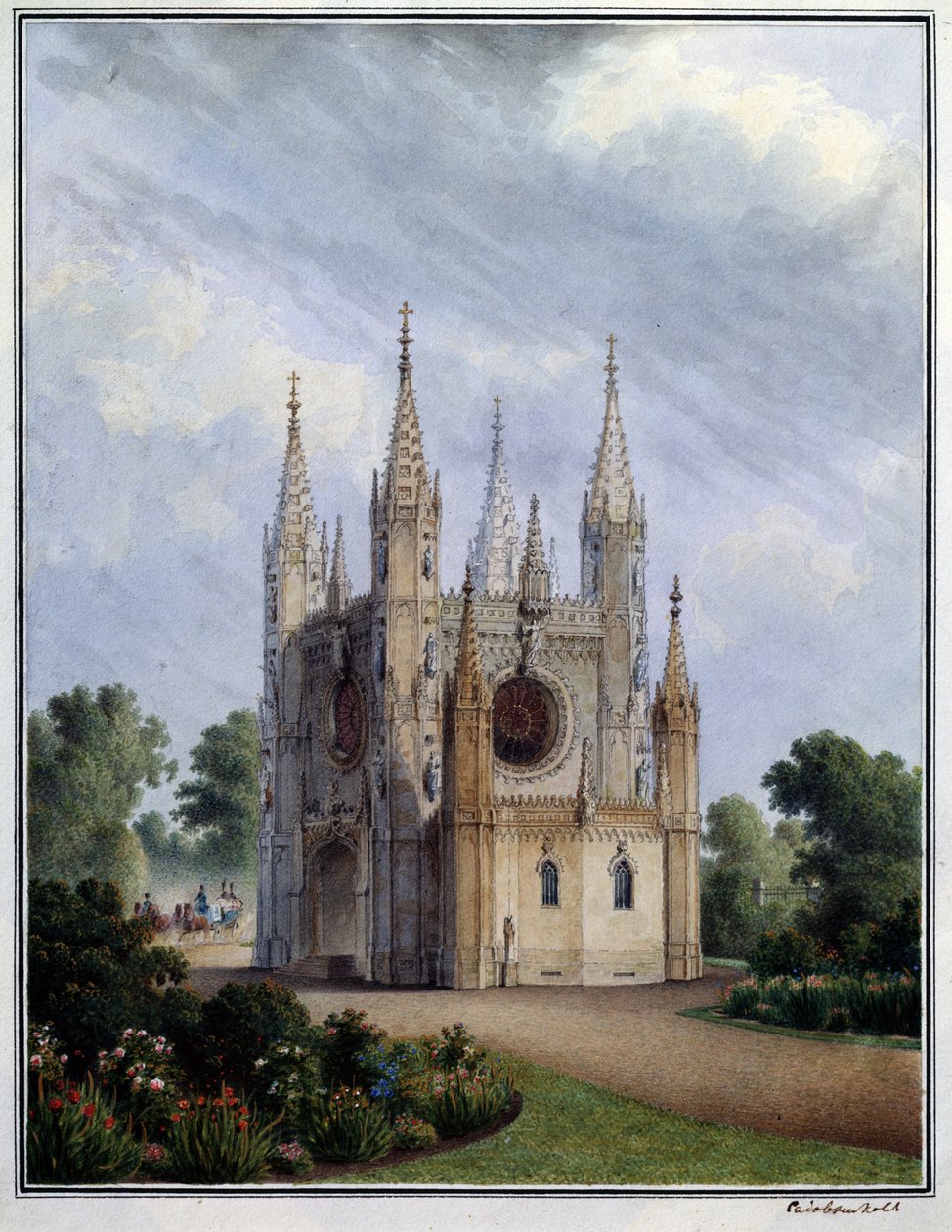 A igreja gótica de Peterhof (Rússia). Obra de Vasily Semyonovich Sadovnikov (1800-1879), aquarela sobre papel, entre 1830-1840. arte russa de Vasili Semenovich Sadovnikov