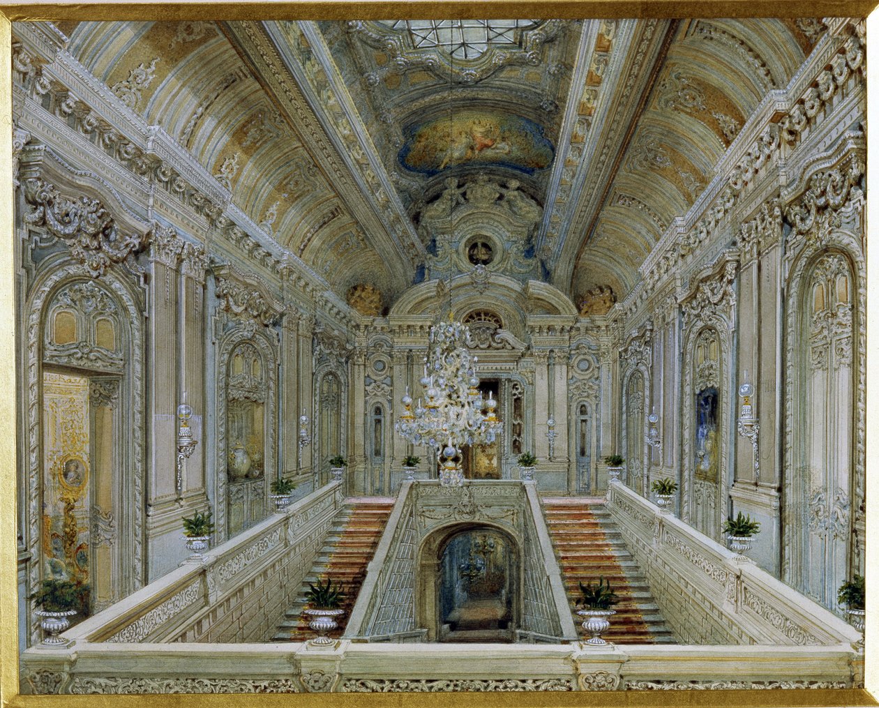A escadaria principal do Palácio Yusupov (Palácio Moika) em São Petersburgo. (A escadaria principal do Palácio Yusupov em São Petersburgo). Obra de Vasily Semyonovich Sadovnikov (1800-1879), aquarela sobre papel. arte russa de Vasili Semenovich Sadovnikov
