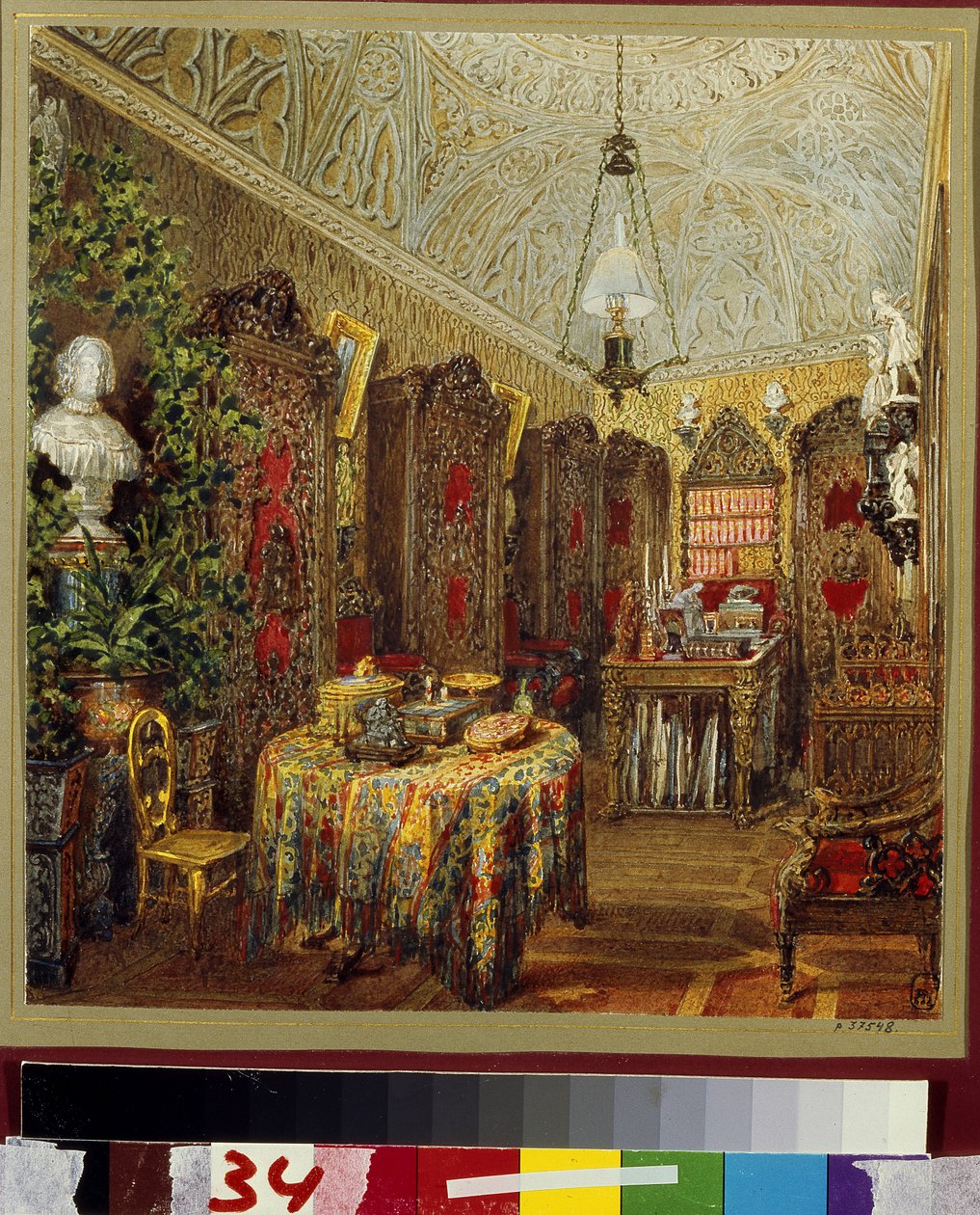 O estudo no Palácio Yusupov (Palácio Moika) em São Petersburgo. (O Estudo no Palácio Yusupov em São Petersburgo). Obra de Vasily Semyonovich Sadovnikov (1800-1879), aquarela sobre papel. arte russa de Vasili Semenovich Sadovnikov