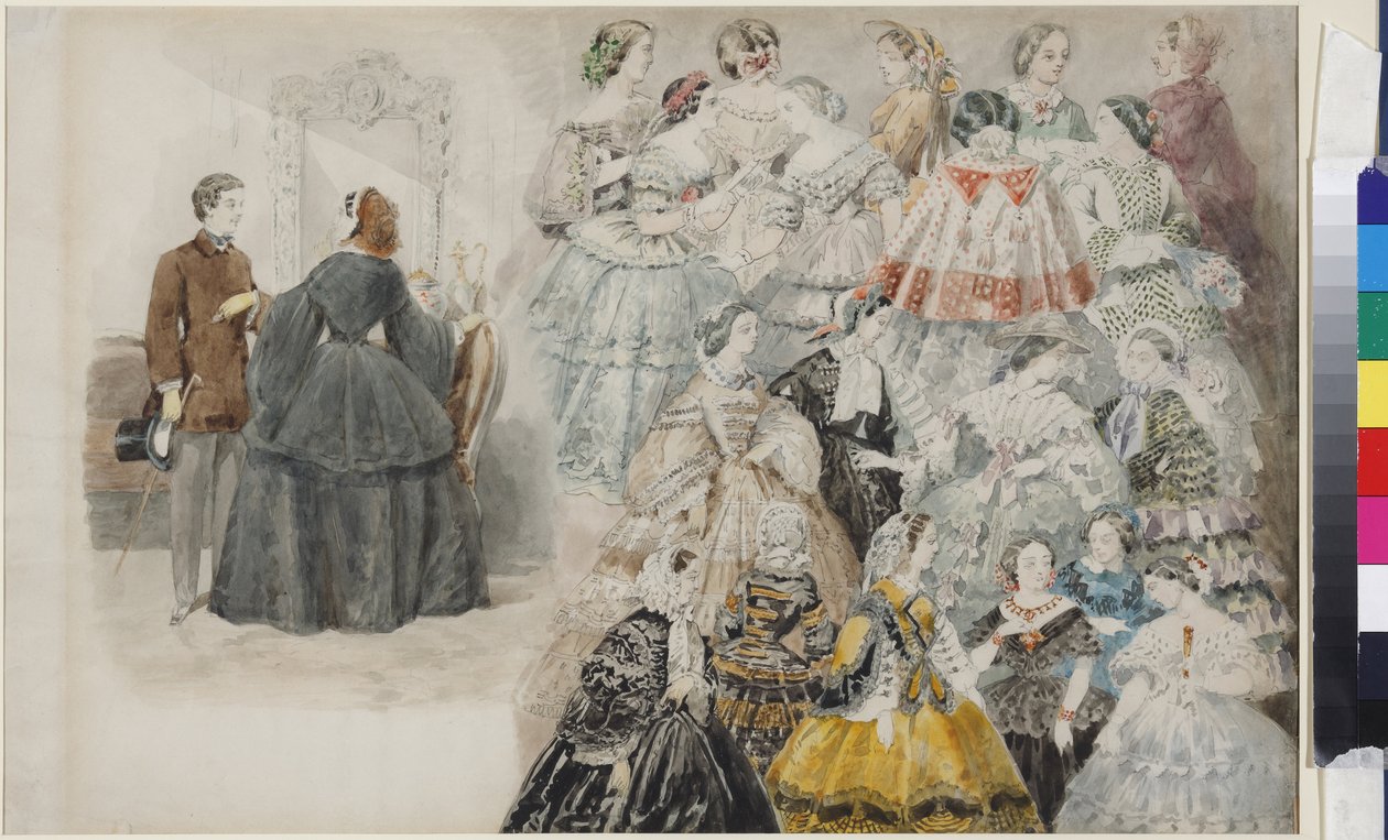 Moda feminina - Moda feminina, de Sadovnikov, Vasily Semyonovich (1800-1879). Aquarela sobre papel, final da década de 1840. Museu Estadual de História de São Petersburgo de Vasili Semenovich Sadovnikov
