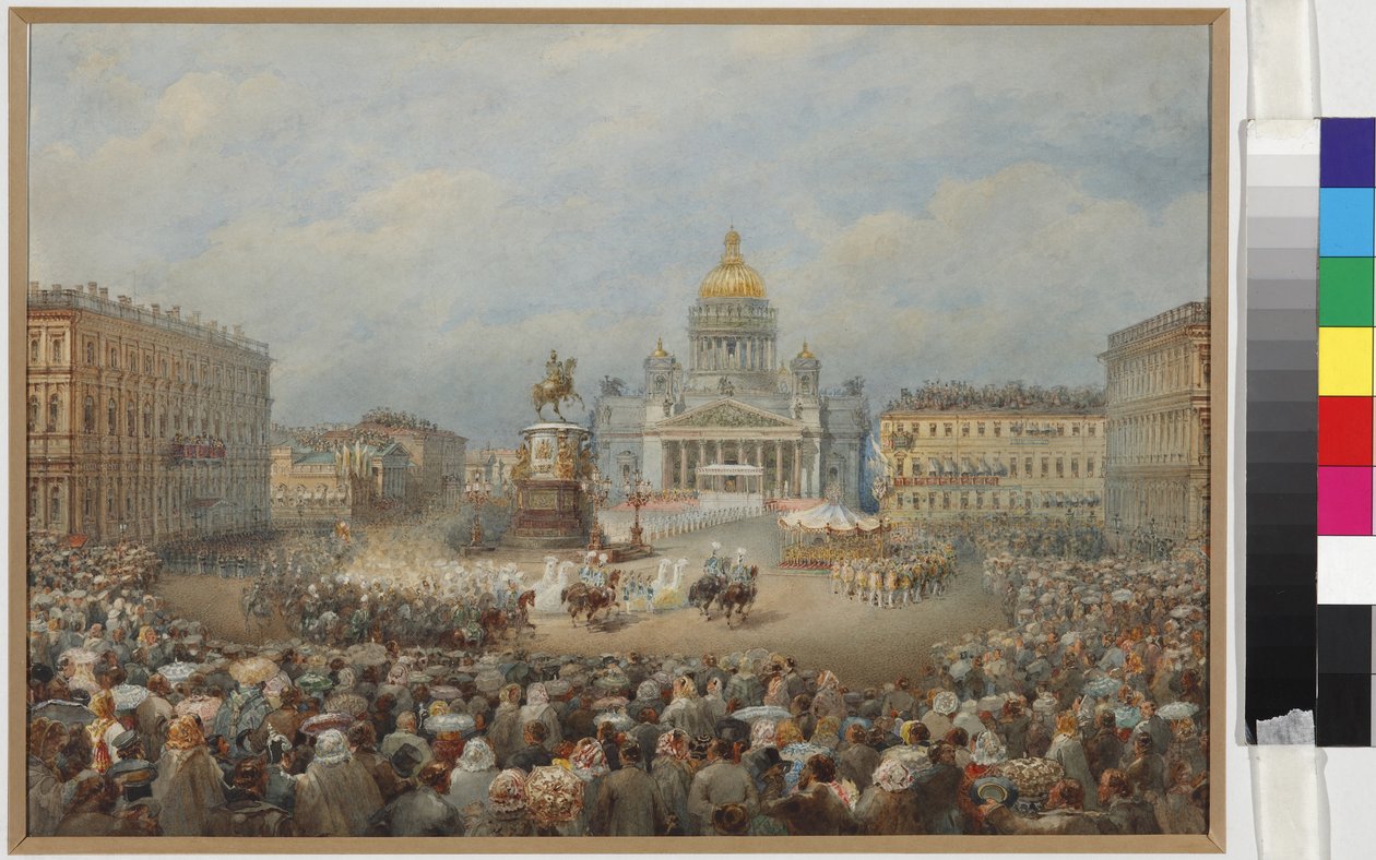 Cerimônia de abertura do Monumento a Nicholas I na Praça Mariinsky - Vasily Semyonovich Sadovnikov (1800-1879). Aguarela e cor branca sobre papel de Vasili Semenovich Sadovnikov