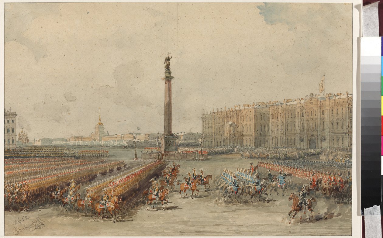 Desfile do Regimento de Cavalos Salva-Vidas na Praça do Palácio - Vasily Semyonovich Sadovnikov (1800-1879). Aguarela e cor branca sobre papel de Vasili Semenovich Sadovnikov