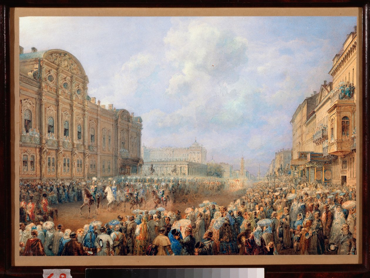 Desfile na Avenida Neva (Nevsky Prospect) no Palácio Beloselsky Belozersky. (São PETERSBURGO). Obra de Vasily Semyonovich Sadovnikov (1800-1879), aquarela sobre papel de Vasili Semenovich Sadovnikov