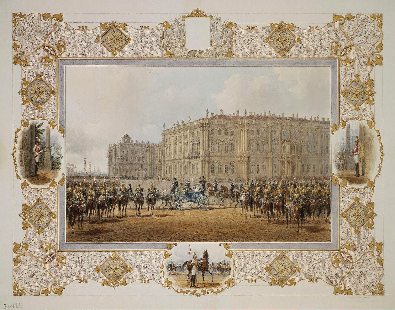 Revisão do Regimento de Cavaleiros em Frente ao Palácio de Inverno, década de 1850 de Vasili Semenovich Sadovnikov