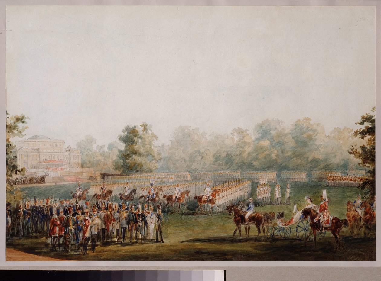 Desfile militar no prado do palácio de Elagin em São Petersburgo. (Desfile da Guarda Imperial). Obra de Vasily Semyonovich Sadovnikov (1800-1879), aquarela sobre papel de Vasili Semenovich Sadovnikov