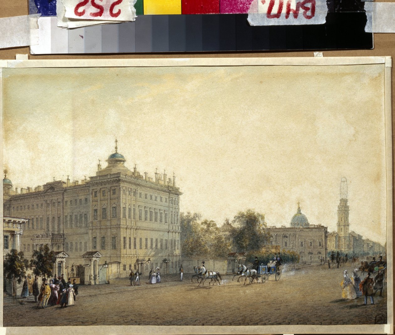 São Petersburgo. O Palácio Anichkov. (São Petersburgo. O Palácio Anichkov). Obra de Vasily Semyonovich Sadovnikov (1800-1879), aguarela sobre papel, ca. 1830. Arte russa de Vasili Semenovich Sadovnikov