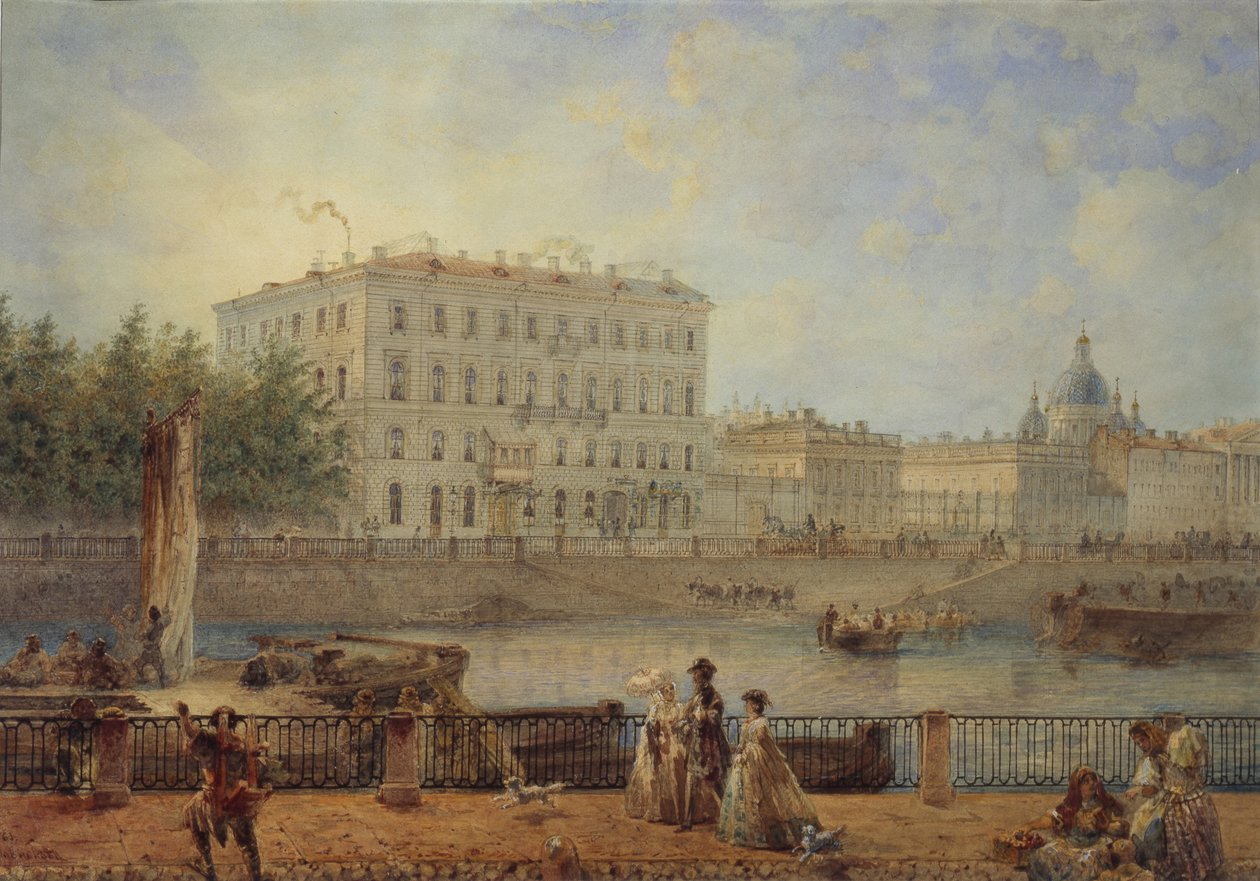São Petersburgo. Vista do rio Fontanka e da Casa Derzhavin, 1861 de Vasili Semenovich Sadovnikov