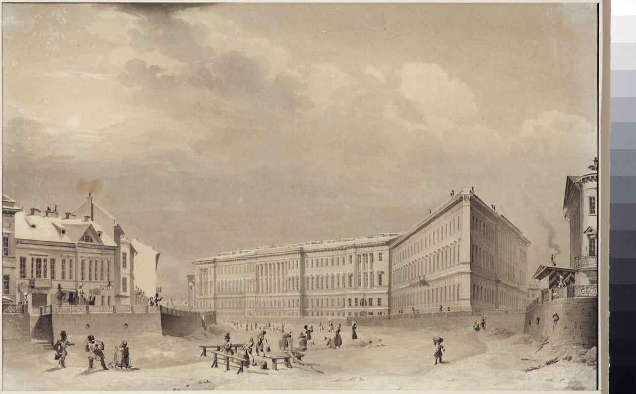 São Petersburgo. Edifício do Estado-Maior no aterro do rio Moika, por Sadovnikov, Vasily Semyonovich (1800-1879). Aquarela sobre papel, antes de 1833. Museu Estadual de História de São Petersburgo. de Vasili Semenovich Sadovnikov