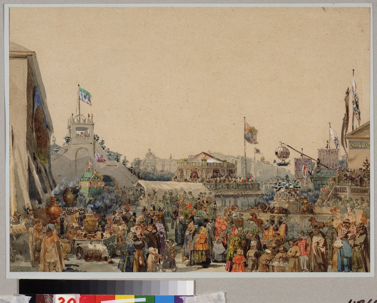 Stand de feiras na Praça do Almirantado em São Petersburgo. Obra de Vasily Semyonovich Sadovnikov (1800-1879), aquarela sobre papel de Vasili Semenovich Sadovnikov
