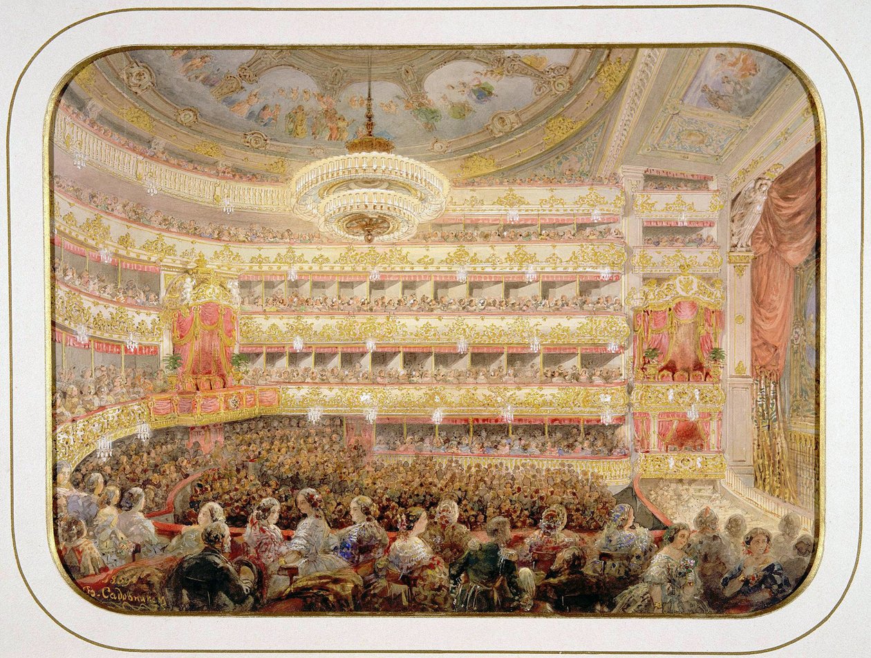 O Auditório do Teatro São Petersburgo Imperial Bolshoi Kamenny Teatro par Sadovnikov, Vasily Semyonovich (1800-1879). Aguarela, Gouache sobre papel, tamanho : 35x26 de Vasili Semenovich Sadovnikov