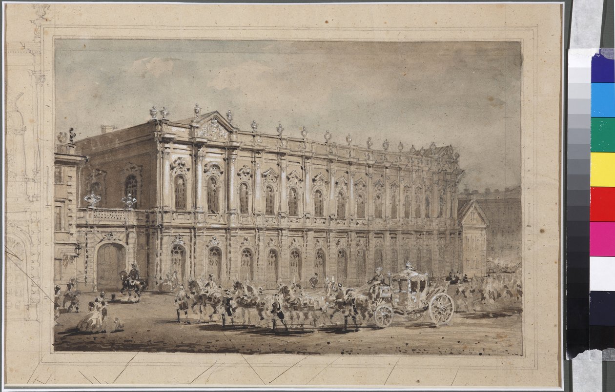 O Museu dos Carros do Tribunal (The Stables Museum) em São Petersburgo, de Sadovnikov, Vasily Semyonovich (1800-1879). Aquarela sobre papel de Vasili Semenovich Sadovnikov