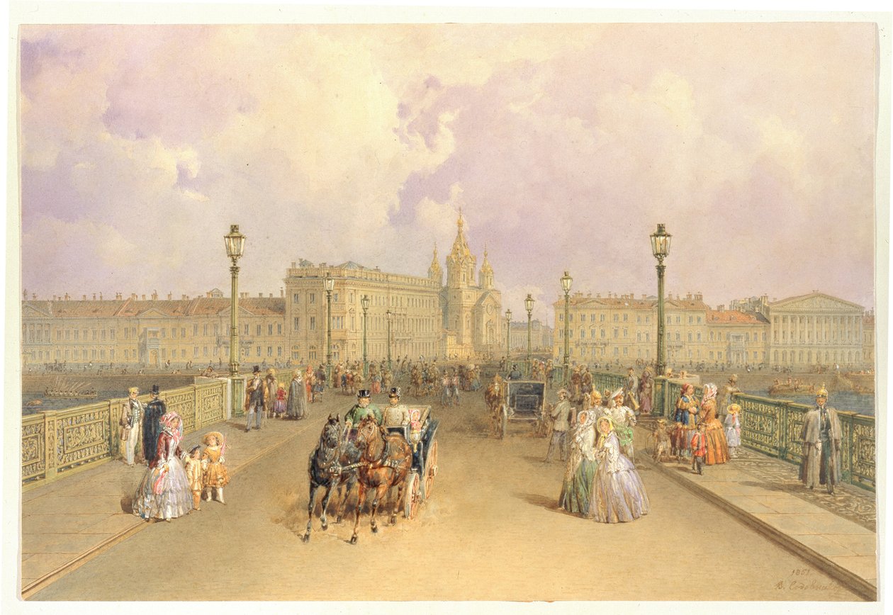 Vista da ponte Blagoveshchensky em São Petersburgo, 1851 de Vasili Semenovich Sadovnikov