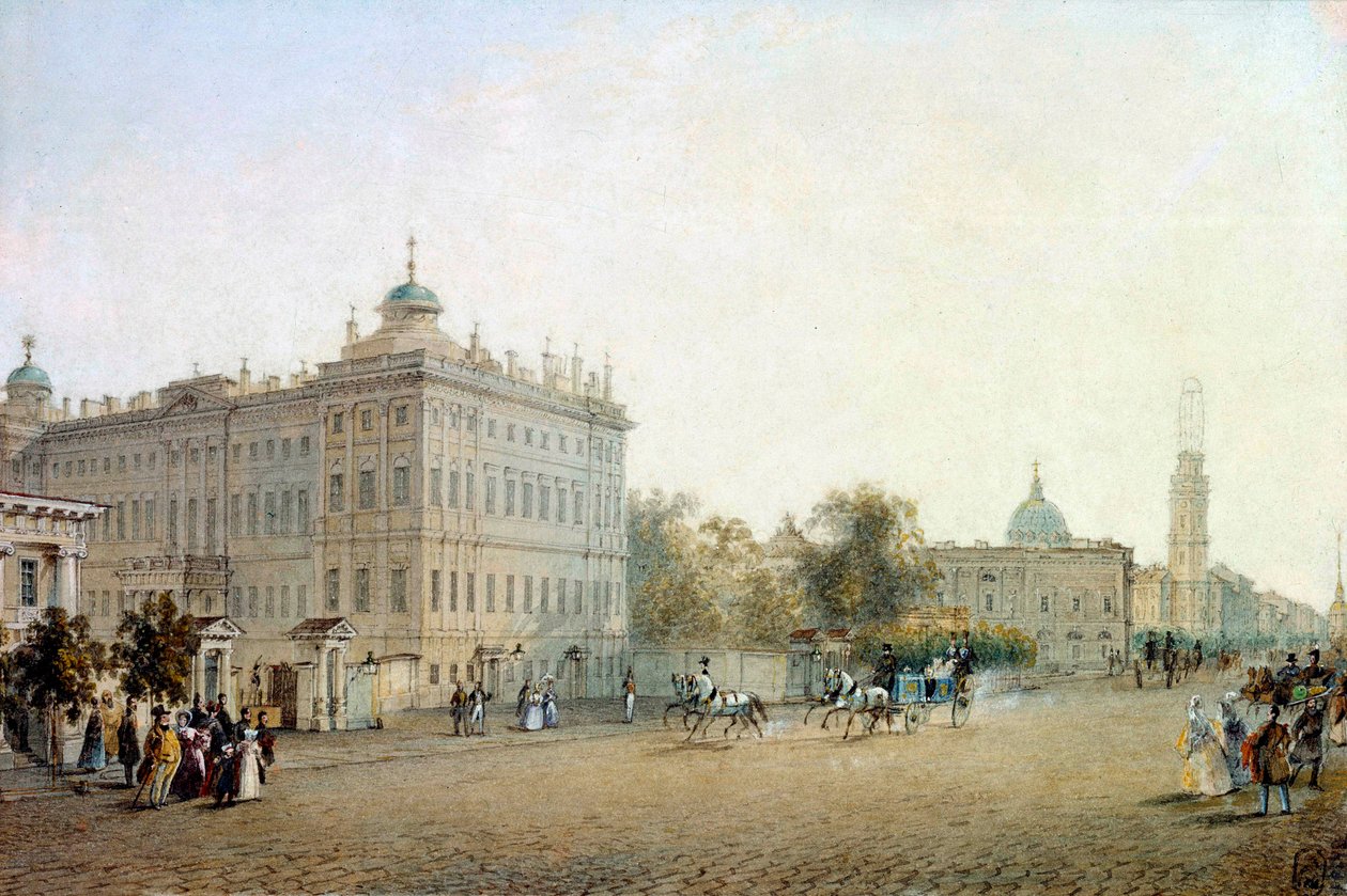 Vista da Perspectiva Nevsky (Nevsky) em São Petersburgo, em 1830. Rússia Aquarela de Vasily Sadovnikov (1800-1879) 1830 São Petersburgo. Biblioteca de l