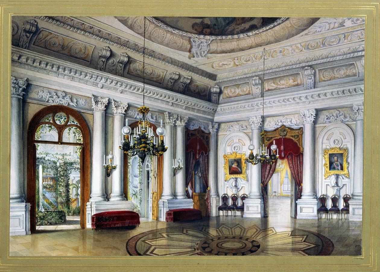 Vista da Sala Antonio Vighi no Palácio Yusupov (Youssoupov, Youssoupoff) em São Petersburgo, também chamado de Palácio Moika (sala Antonio Vigi no Palácio Yusupov em São Petersburgo). Obra de Vasily Semyonovich Sadovnikov (1800-1879). aq de Vasili Semenovich Sadovnikov